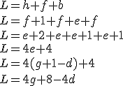 L=h+f+b \\ L=f+1+f+e+f \\ L=e+2+e+e+1+e+1 \\ L=4e+4 \\ L=4(g+1-d)+4 \\ L=4g+8-4d
